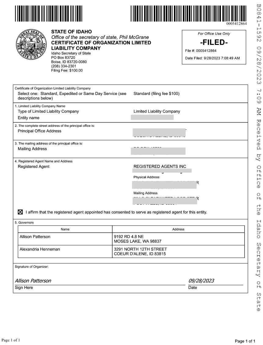 Idaho LLC filed Certificate of Organization