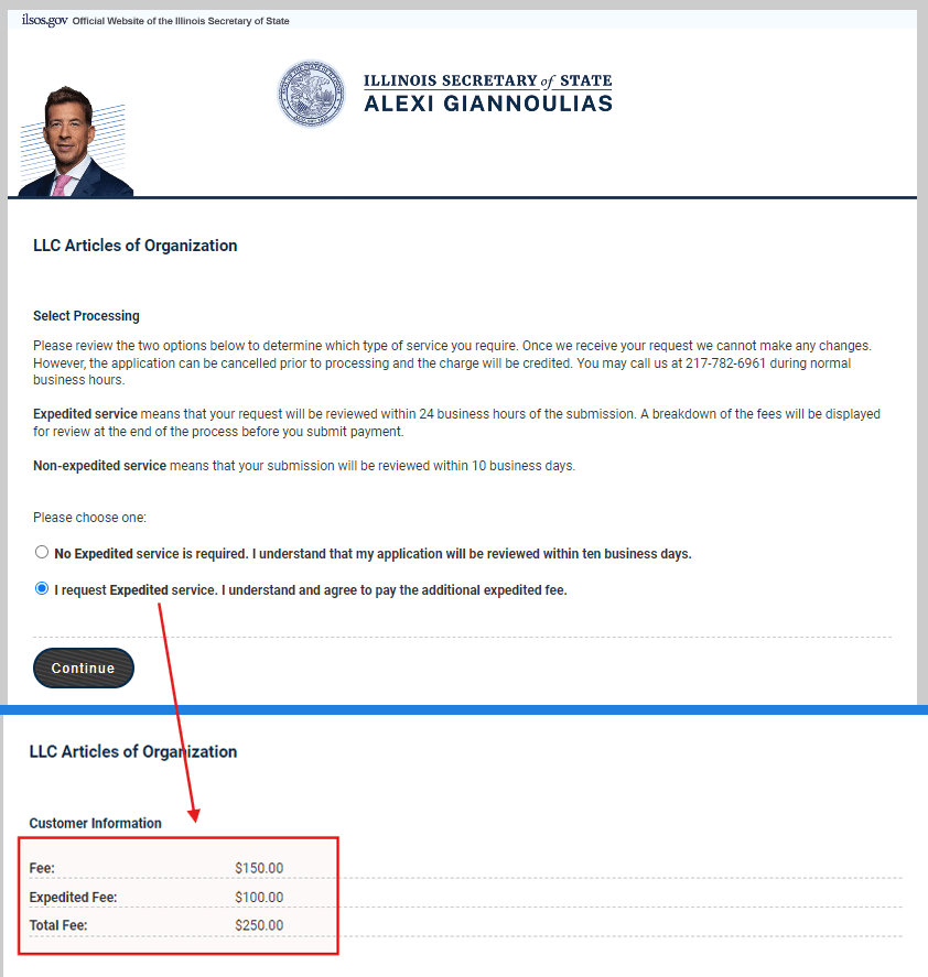 Illinois LLC expedited checkout fee