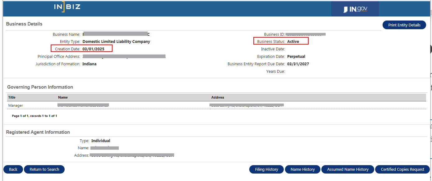 Indiana business entity search result showing an LLC marked active with its creation date