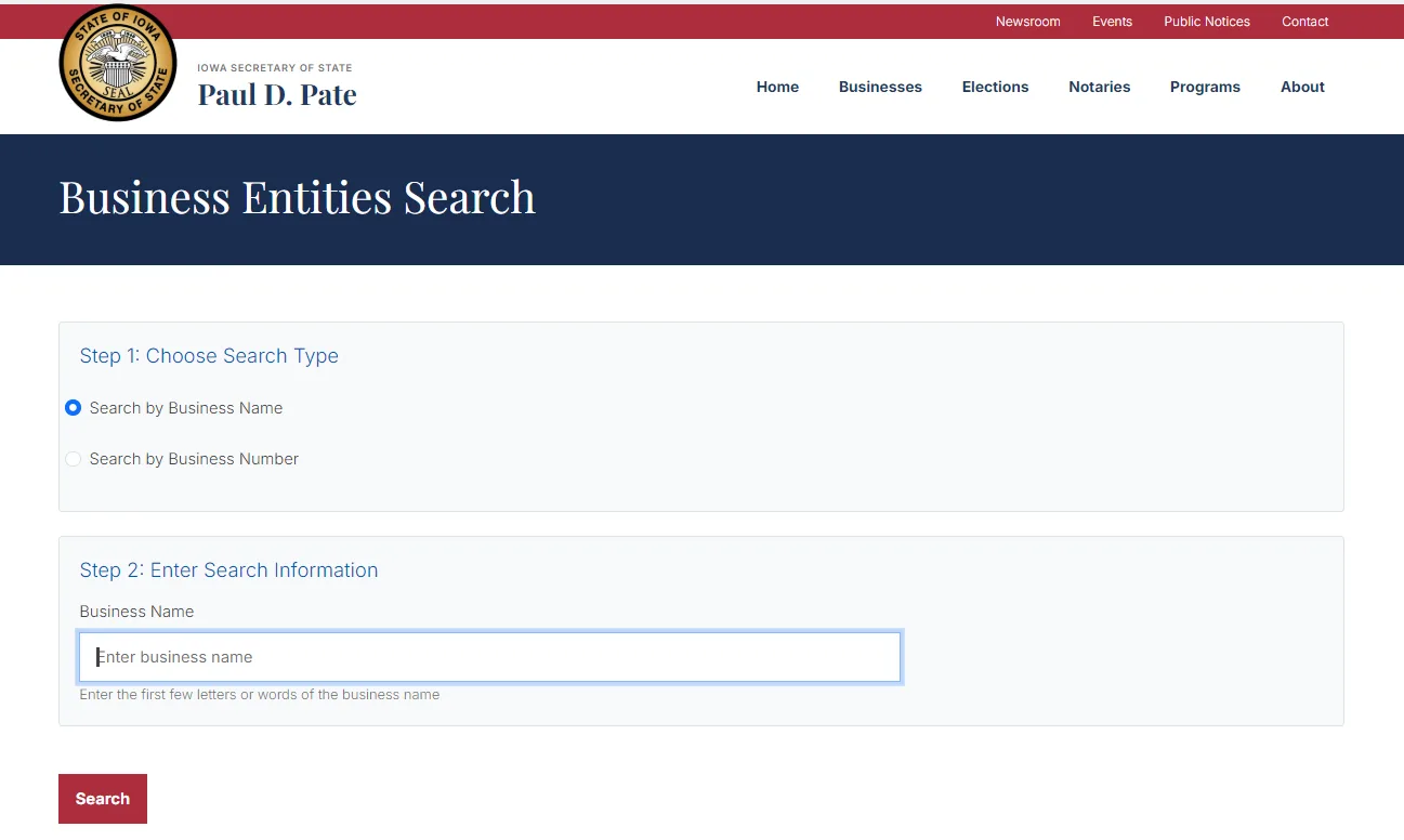 Iowa Secretary of State Business Entities Search page