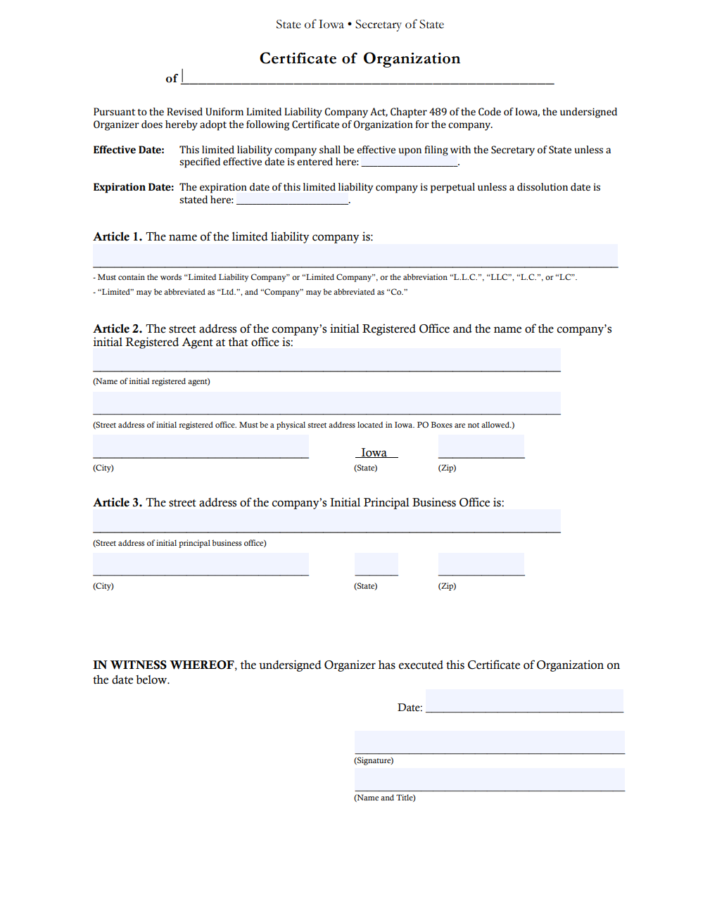 Iowa LLC Certificate of Organization form