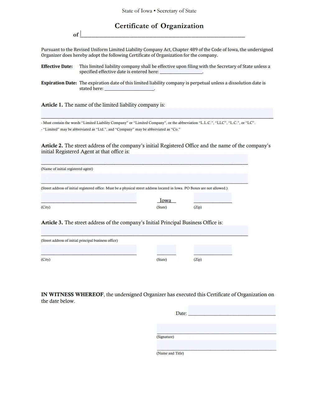 Iowa LLC Certificate of Organization form