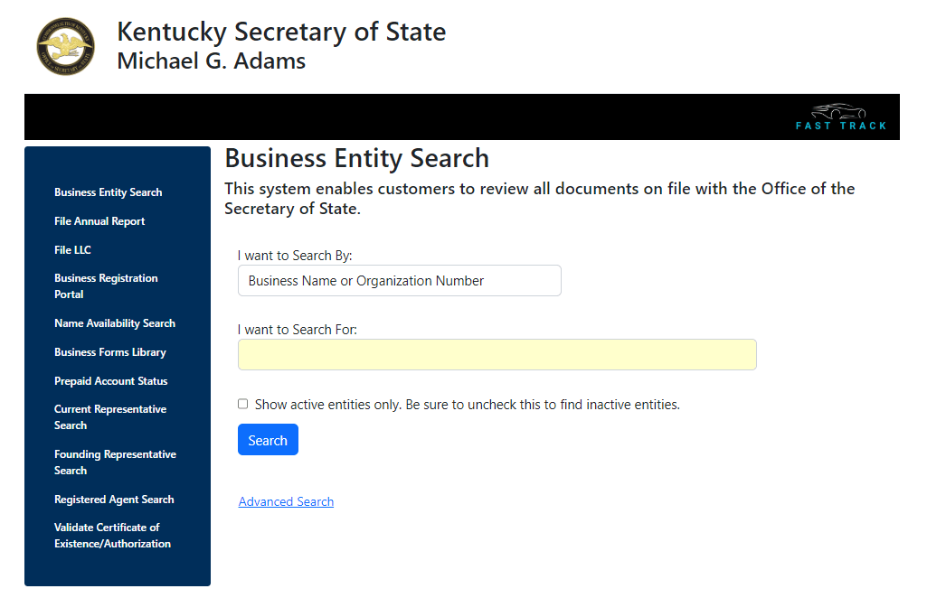 Kentucky Secretary of State Business Entity Search page