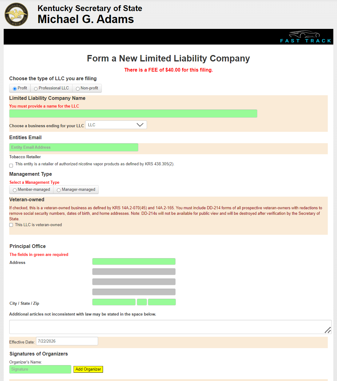 Kentucky FastTrack LLC formation filing form