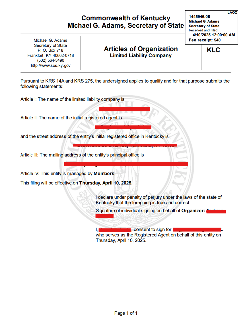 Kentucky stamped Articles of Organization for a limited liability company