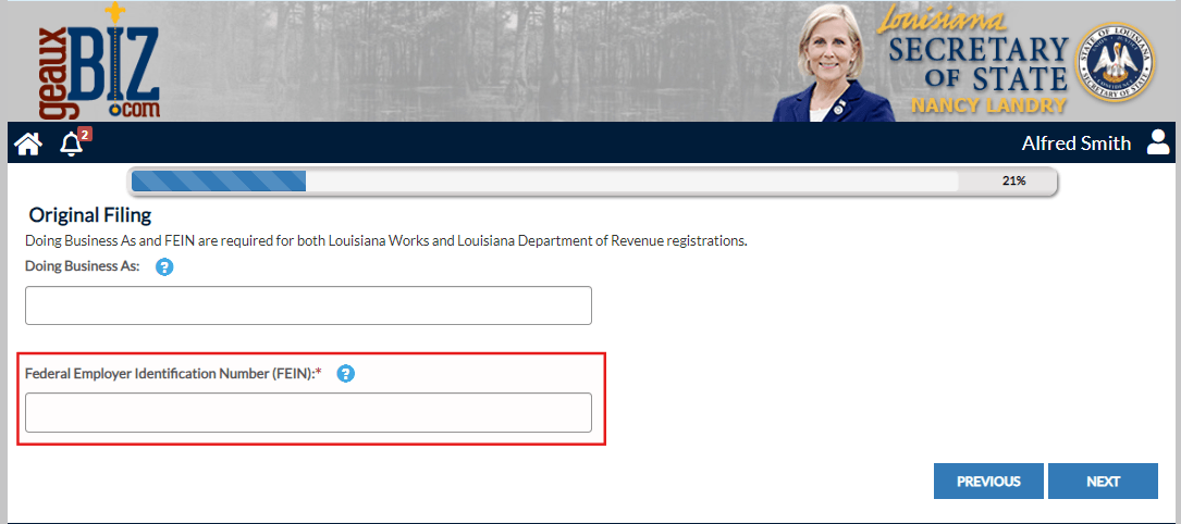 geauxBIZ online filing form showing the required Federal Tax ID number field