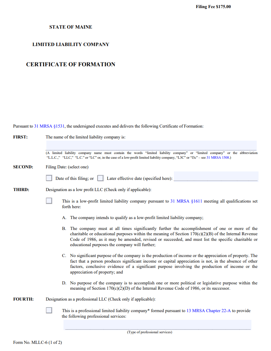 Maine LLC Certificate of Formation Form MLLC-6