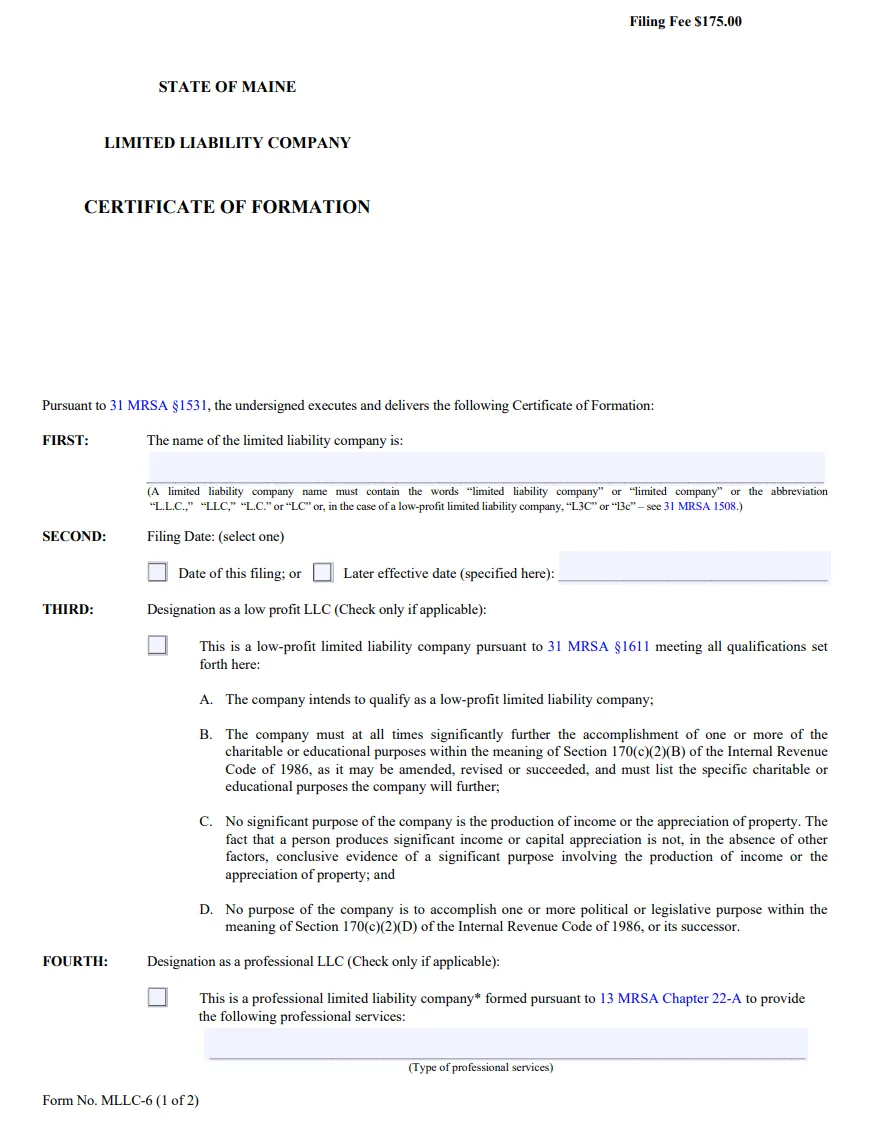 Maine LLC Certificate of Formation Form MLLC-6