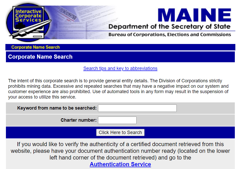 Maine Secretary of State Corporate Name Search page