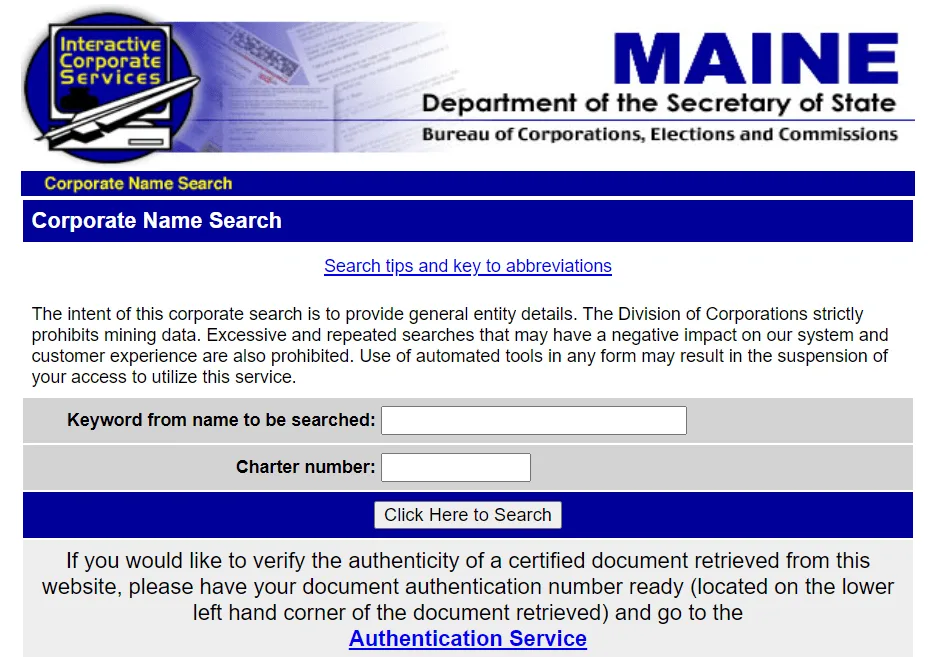 Maine Secretary of State Corporate Name Search page
