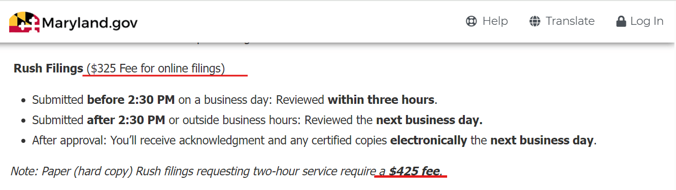 Maryland rush filing instructions showing the $325 online rush fee and $425 paper rush fee
