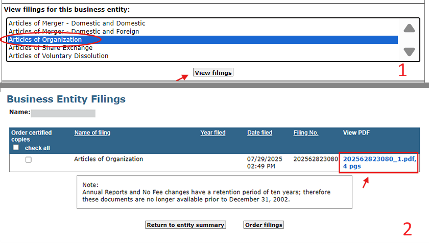 How Long Does It Take to Get an LLC in Massachusetts? 1 Massachusetts Business Entity Search showing where to download the stamped Certificate of Organization