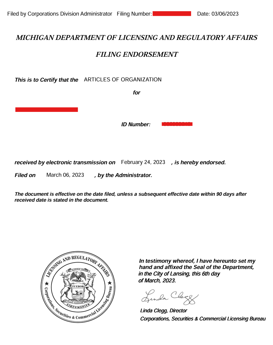 Michigan filing endorsement for Articles of Organization issued by LARA