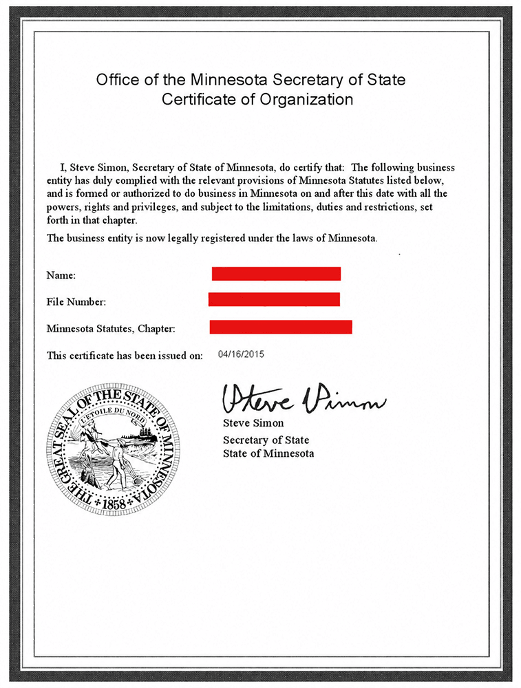 Sample Minnesota Certificate of Organization for a limited liability company