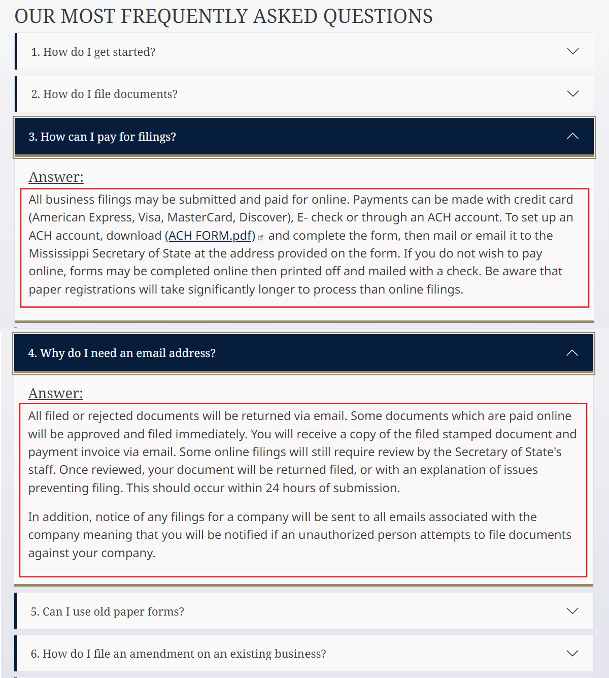 Mississippi Business FAQs explaining online payment, paper filing delays, and 24-hour filing review