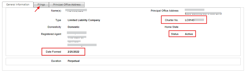Missouri business entity search showing an active LLC status and charter number