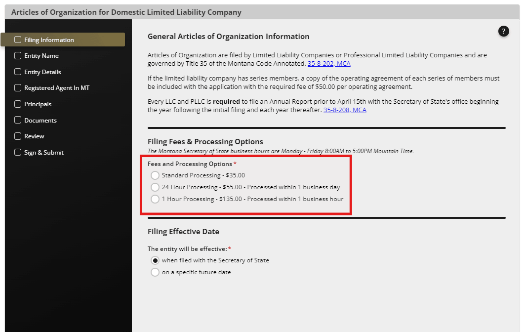 Montana LLC Articles of Organization filing fees and processing options