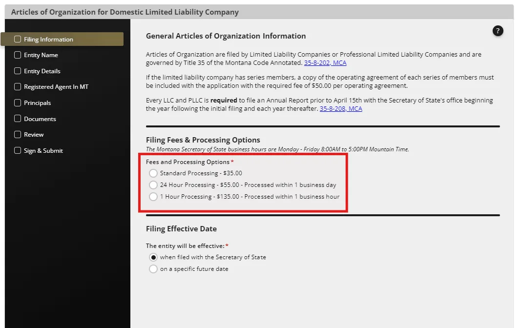Montana LLC Articles of Organization filing fees and processing options