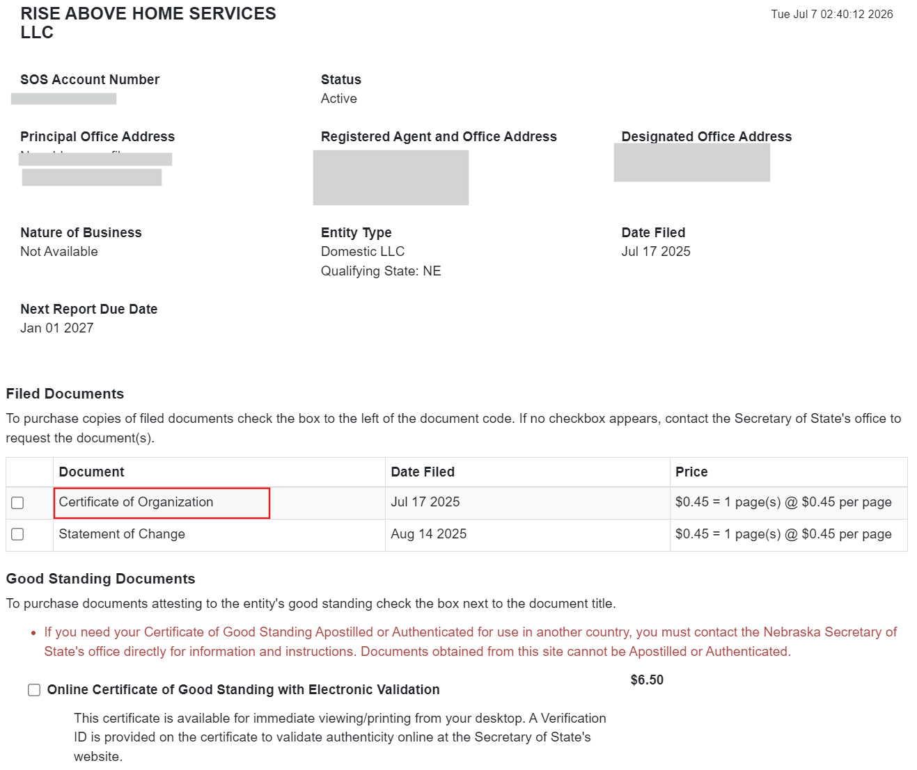 Nebraska Corporate and Business Search showing an active LLC and filed Certificate of Organization