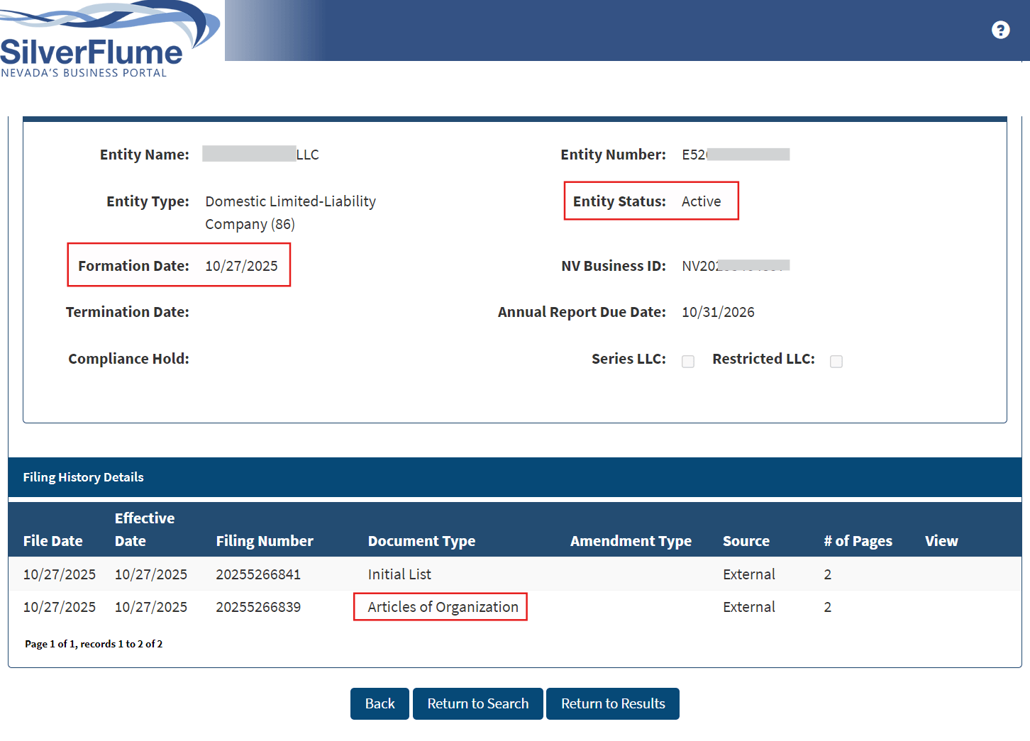SilverFlume business entity search showing an active Nevada LLC and Articles of Organization in filing history