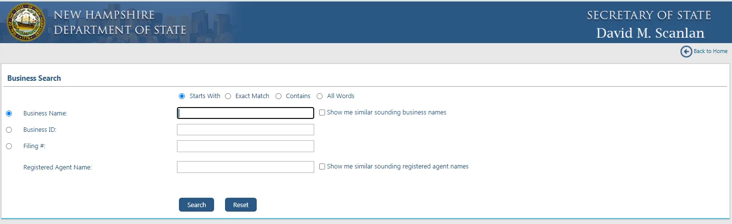New Hampshire Secretary of State business entity search portal