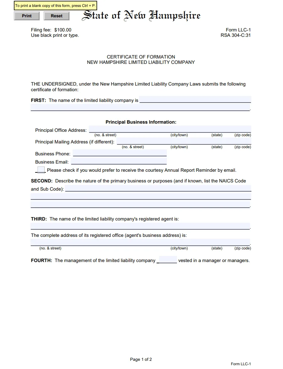 New Hampshire LLC Certificate of Formation Form LLC-1