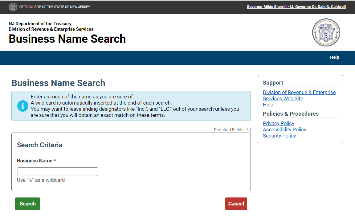 New Jersey Division of Revenue business name search