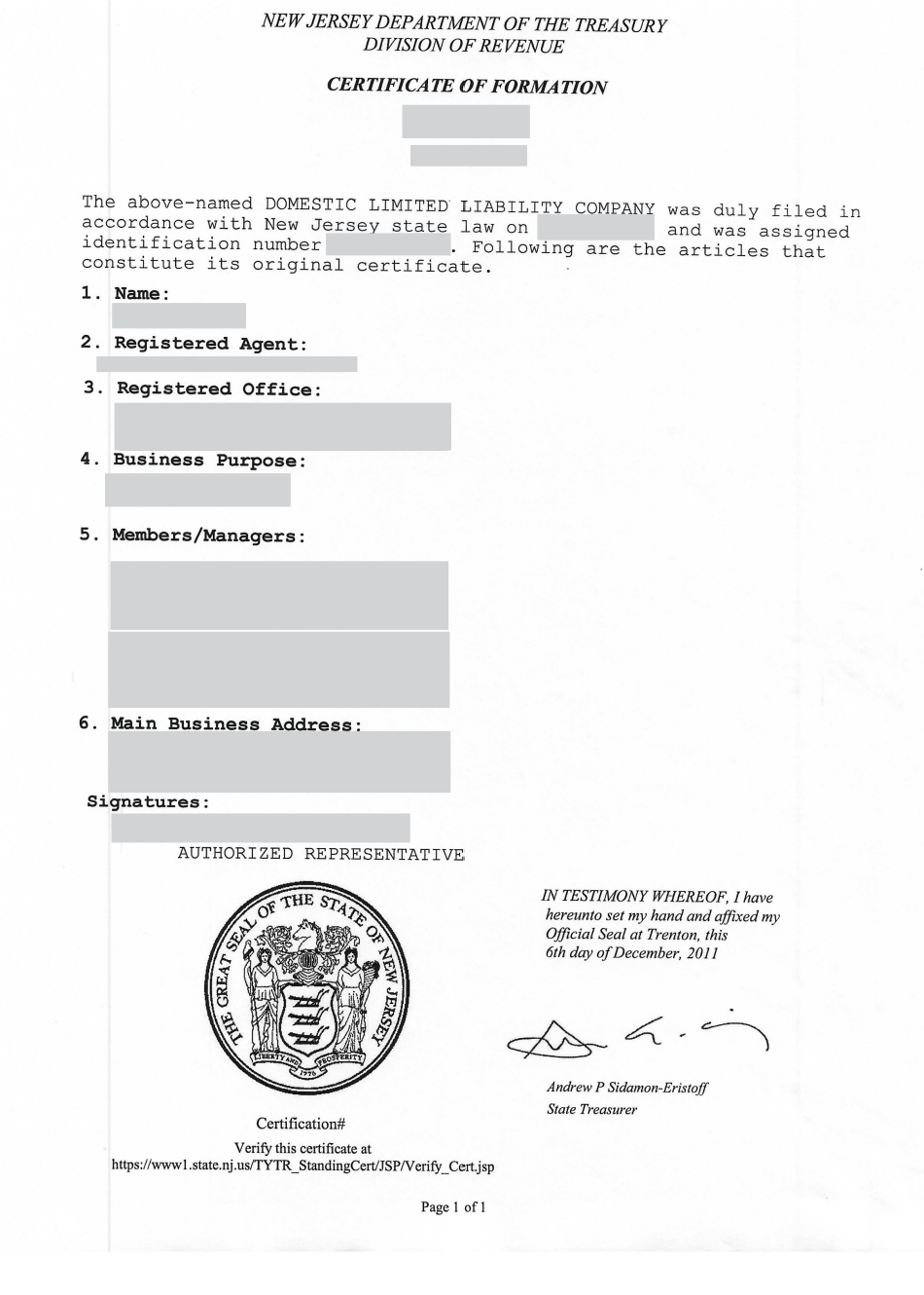 New Jersey Certificate of Formation showing filed LLC status and identification number