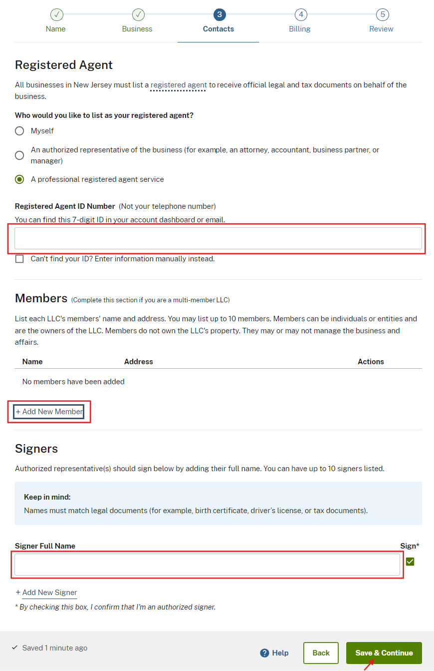 New Jersey online LLC formation registered agent and signers step