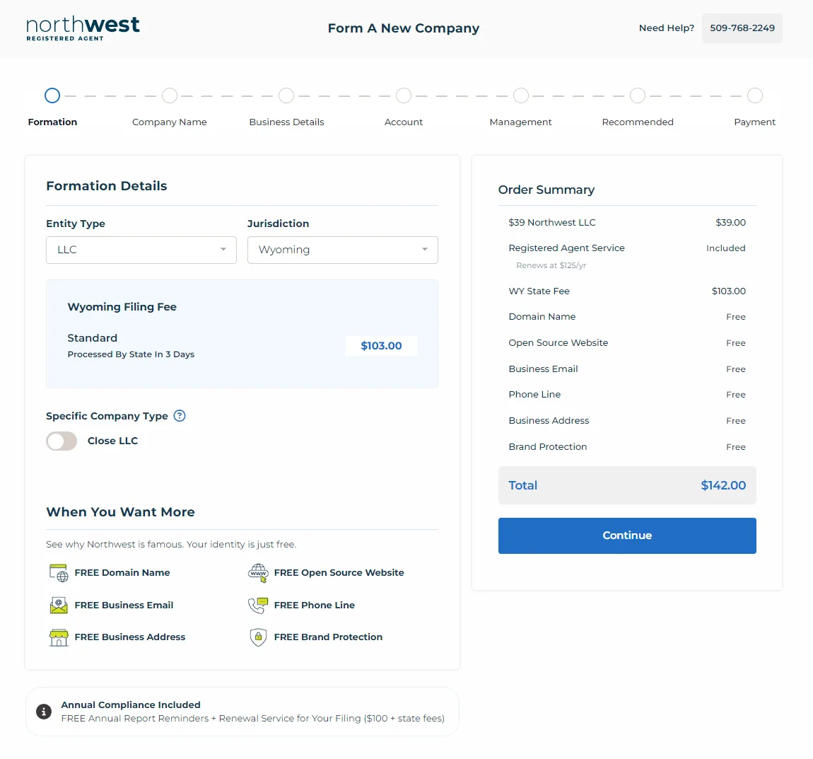 Northwest Registered Agent LLC formation service pricing and included features