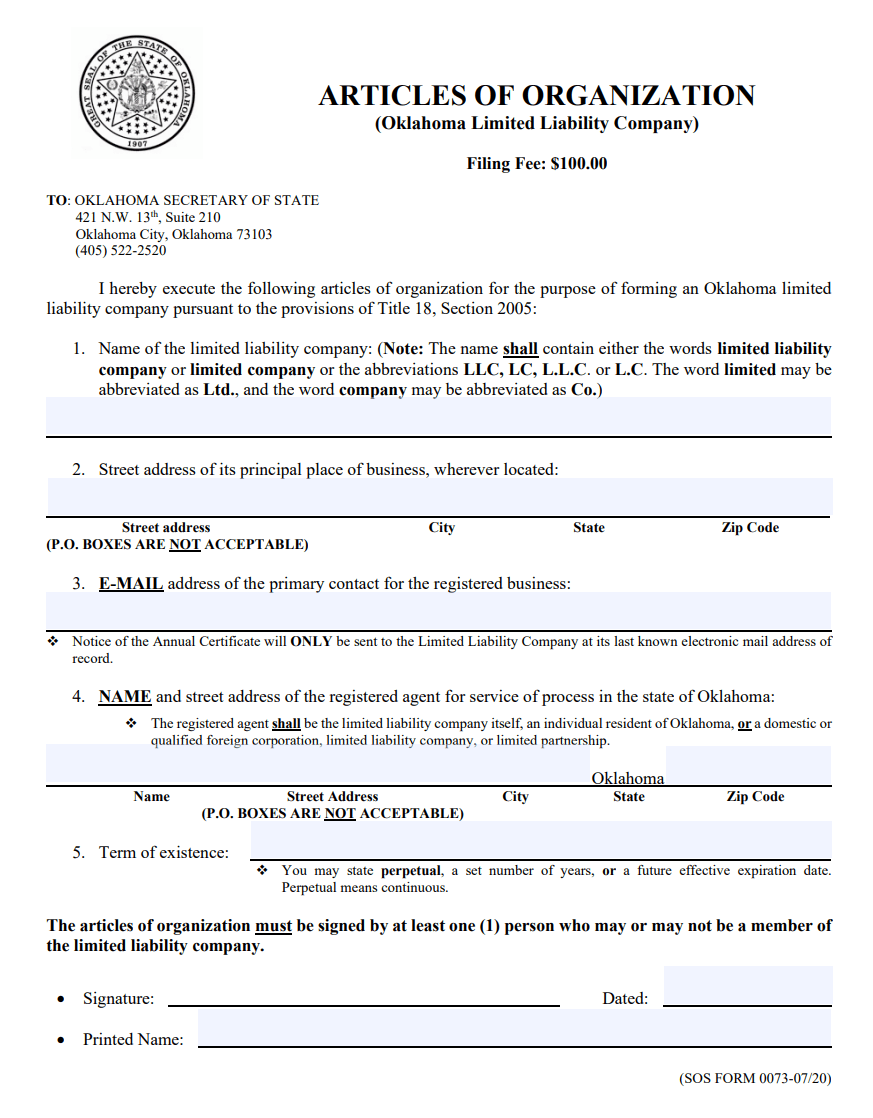 Oklahoma LLC Articles of Organization form