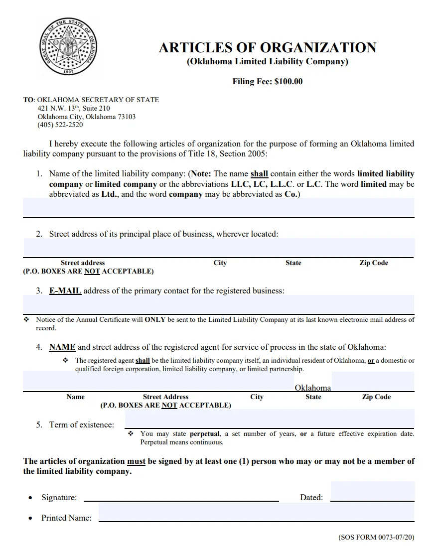Oklahoma LLC Articles of Organization form