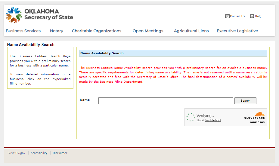 Oklahoma Secretary of State name availability search portal