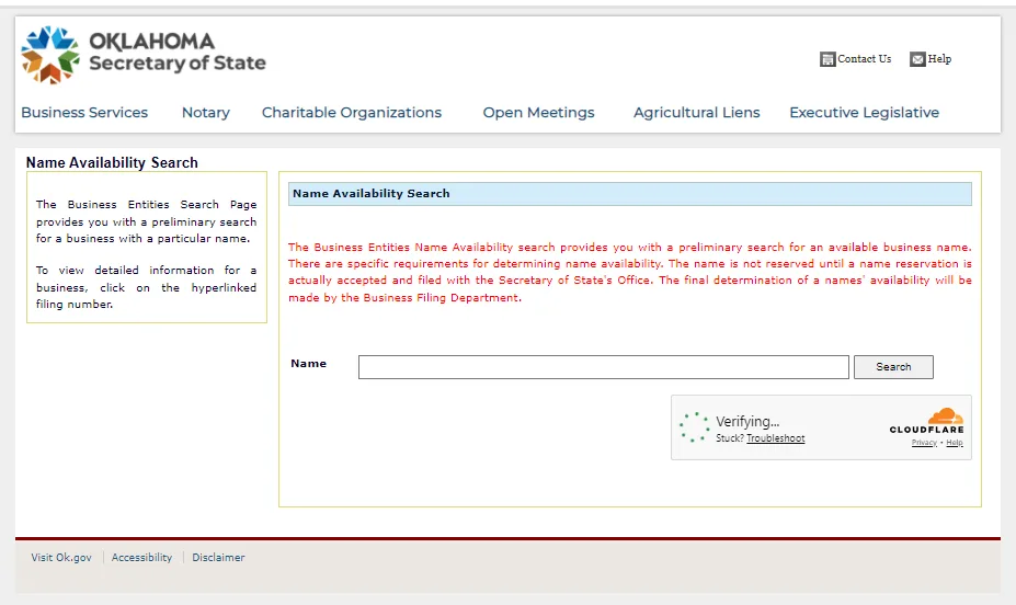 Oklahoma Secretary of State name availability search portal