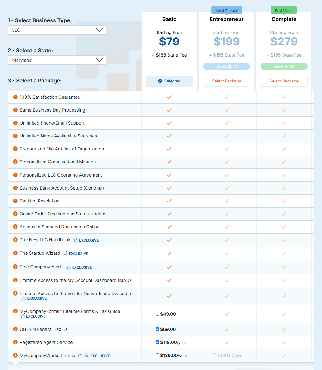 MyCompanyWorks Maryland LLC service pricing