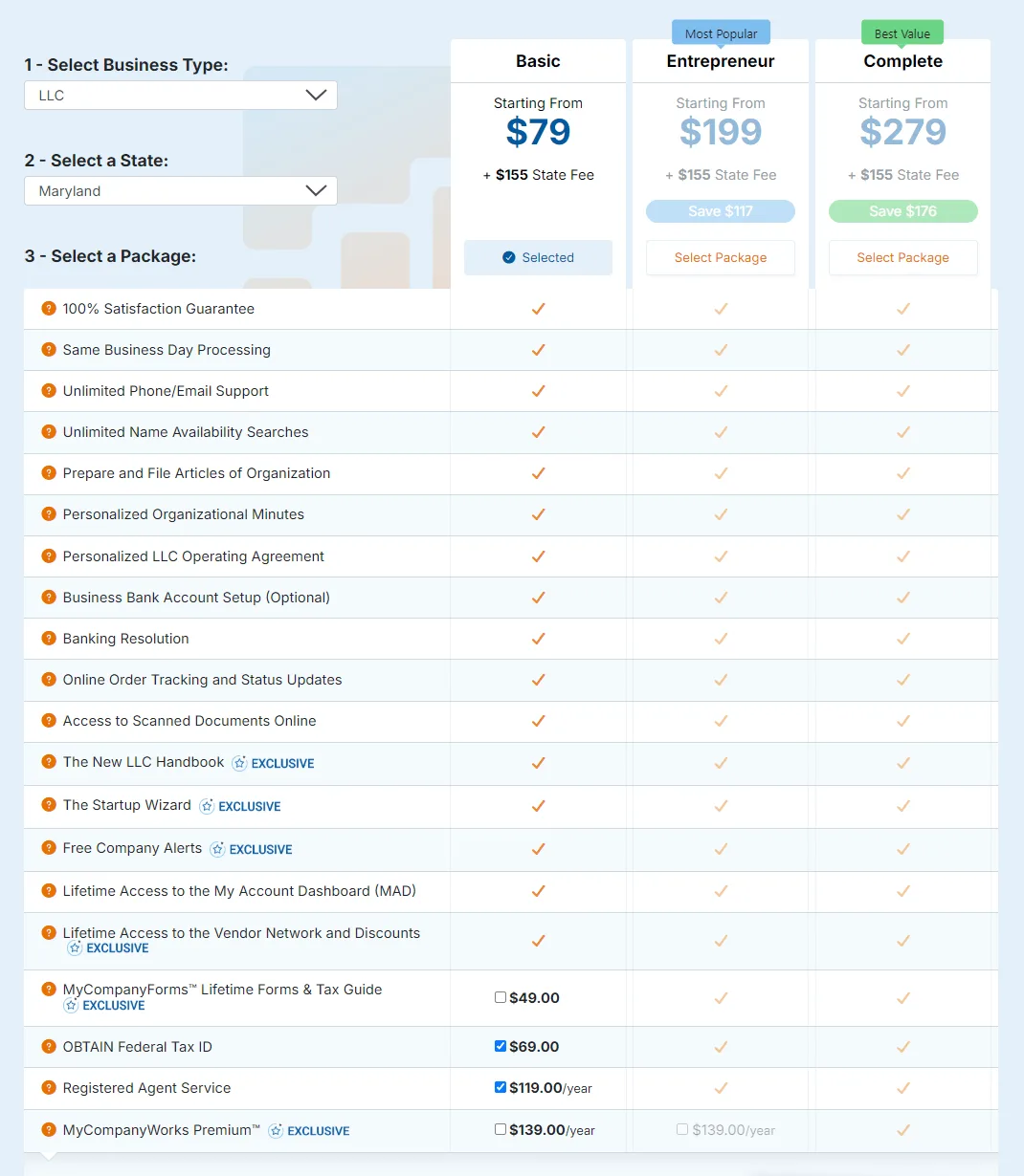 MyCompanyWorks Maryland LLC service pricing