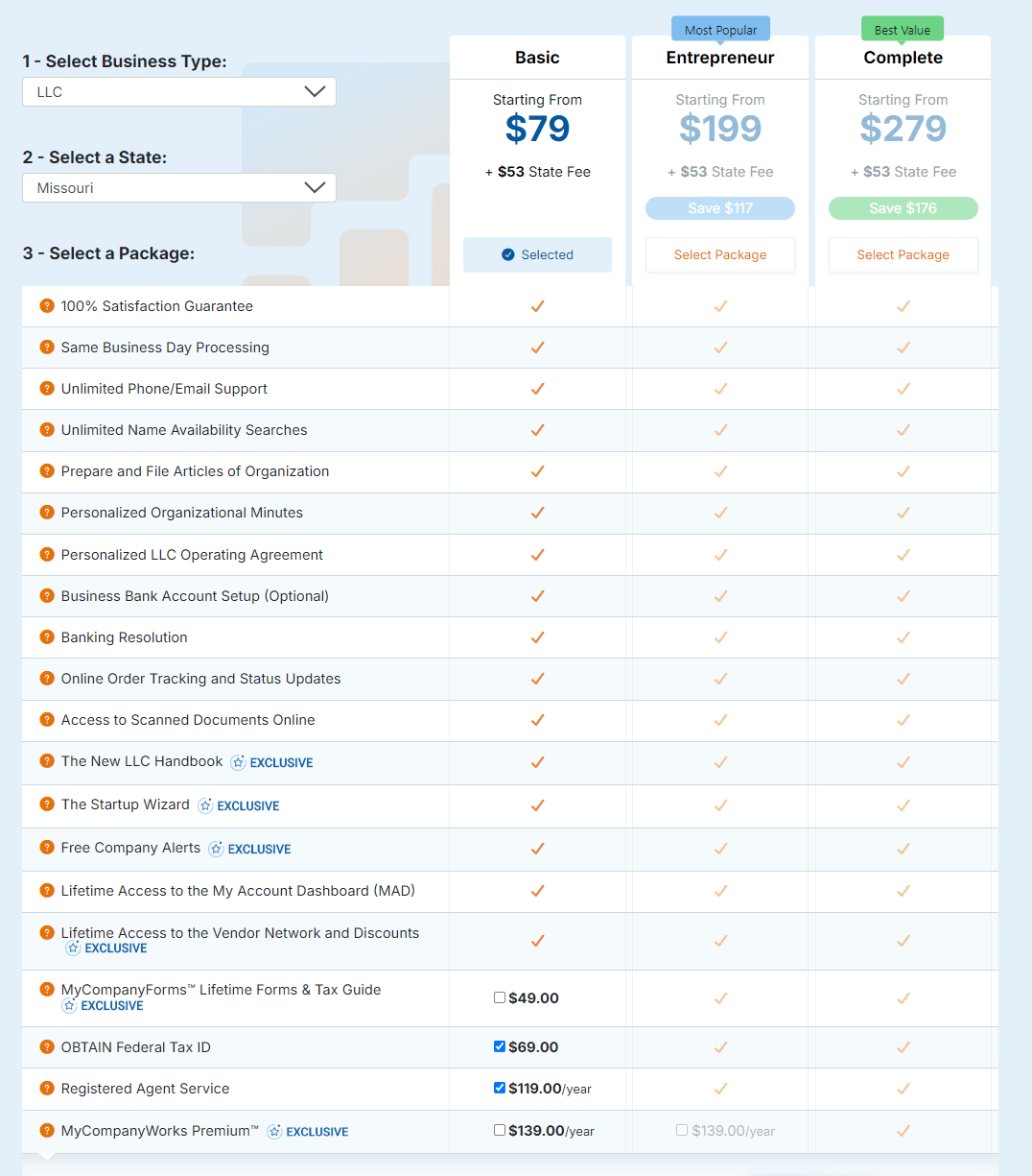 MyCompanyWorks Missouri LLC service pricing