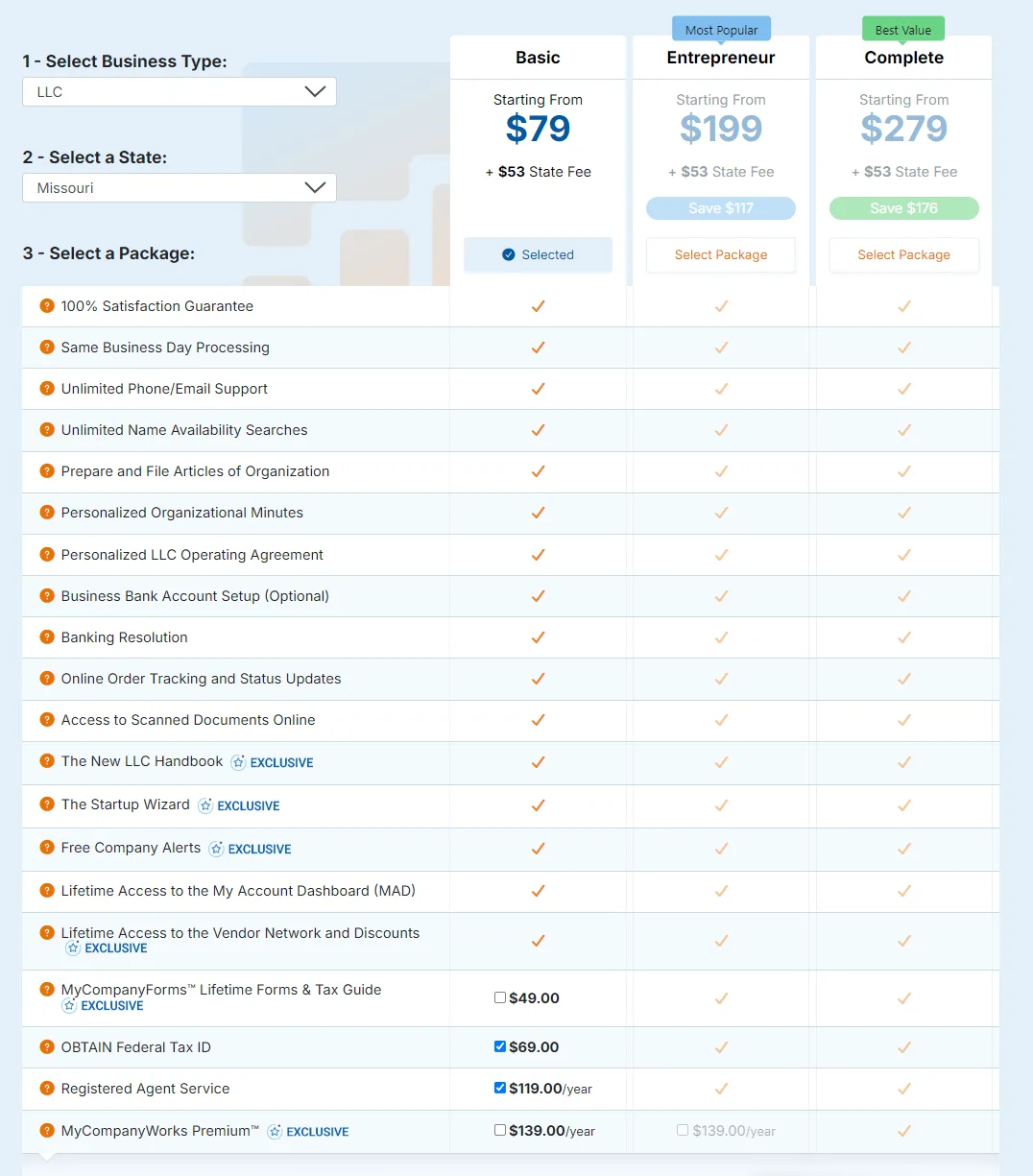 MyCompanyWorks Missouri LLC service pricing