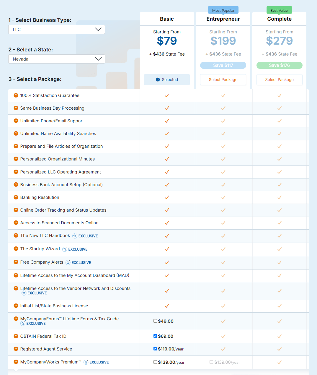MyCompanyWorks Nevada LLC formation services pricing