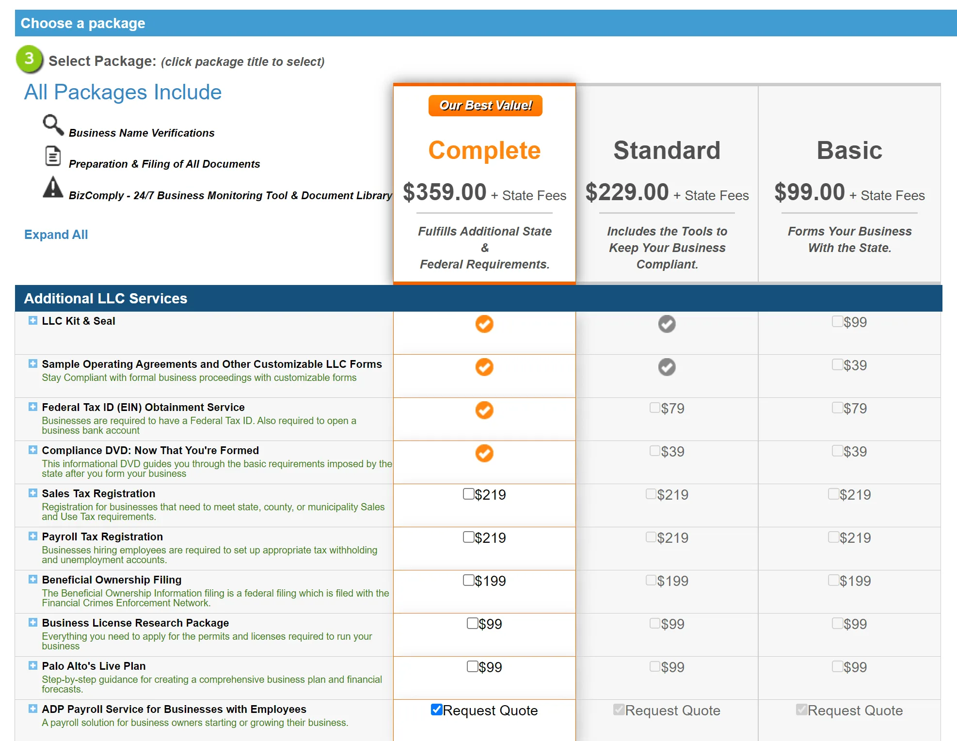 BizFilings LLC formation packages and pricing