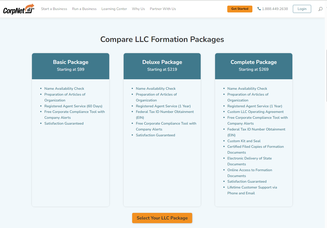 CorpNet LLC formation service pricing