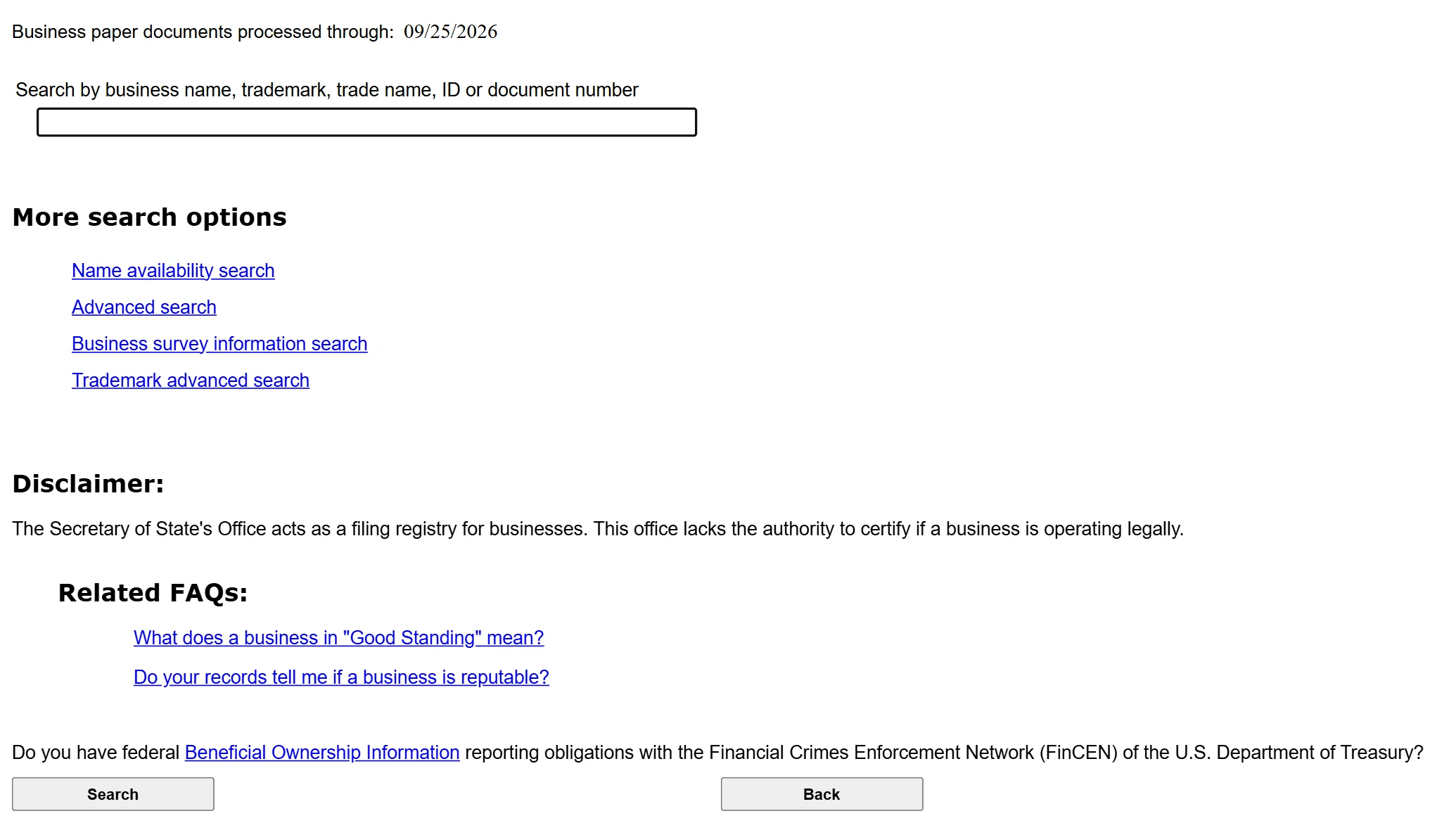Colorado Secretary of State Business Database Search form with one field to search by business name, trademark, trade name, ID or document number, and links to name availability search and advanced search