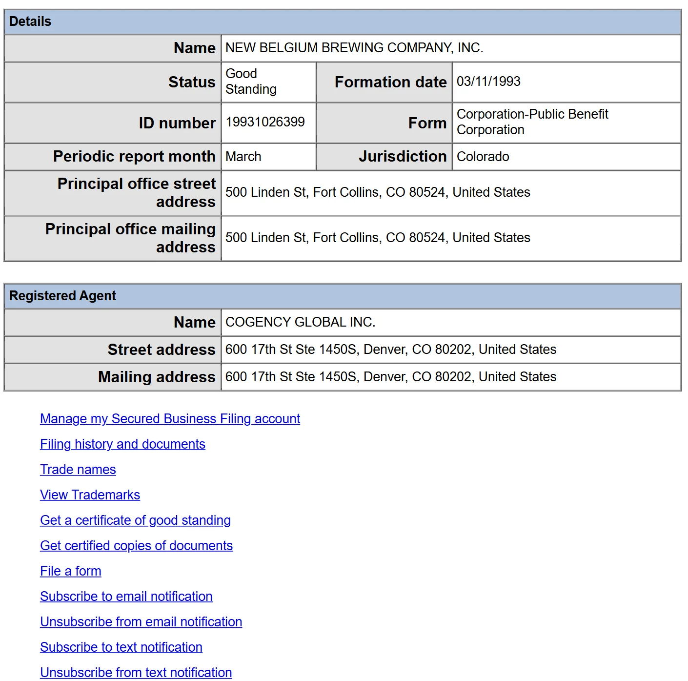 Colorado Secretary of State Summary page for New Belgium Brewing Company, Inc. showing status Good Standing, formation date, ID number 19931026399, periodic report month March, principal office and registered agent, with links to filing history, trade names and a certificate of good standing