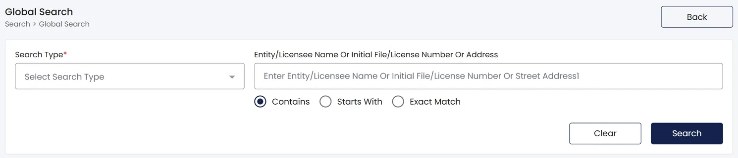 DC Business Entity Search: LLC Lookup in BOSS (Formerly CorpOnline) 1 DC BOSS Global Search form with Search Type, name, file number, license number or address field, and Contains, Starts With or Exact Match