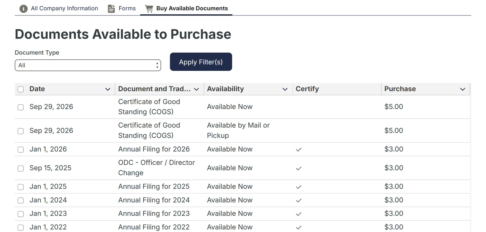 DCCA Business Name Search: Hawaii Business Entity Search 3 Buy Available Documents tab of a Hawaii Business Express record listing a Certificate of Good Standing at 5 dollars and document copies at 3 dollars