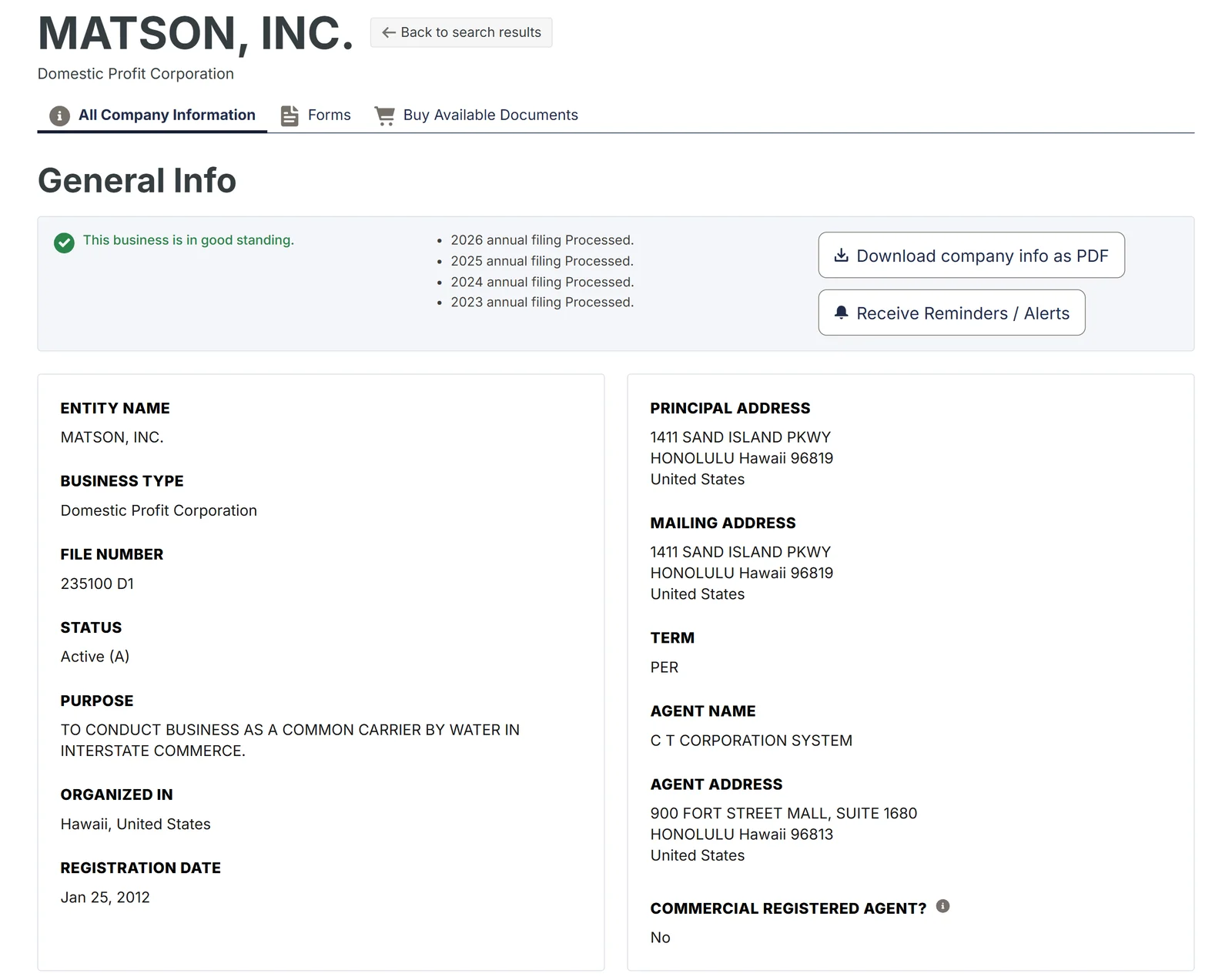 DCCA Business Name Search: Hawaii Business Entity Search 2 Hawaii Business Express record of MATSON, INC. showing file number 235100 D1, status Active (A), the good standing banner, registration date and registered agent C T CORPORATION SYSTEM