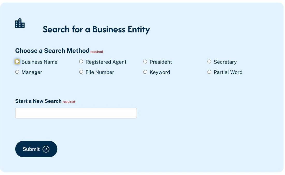 Illinois Secretary of State Business Search by Name, Officer or Manager 1 Illinois Secretary of State Business Entity Search form with eight search methods: Business Name, Registered Agent, President, Secretary, Manager, File Number, Keyword and Partial Word