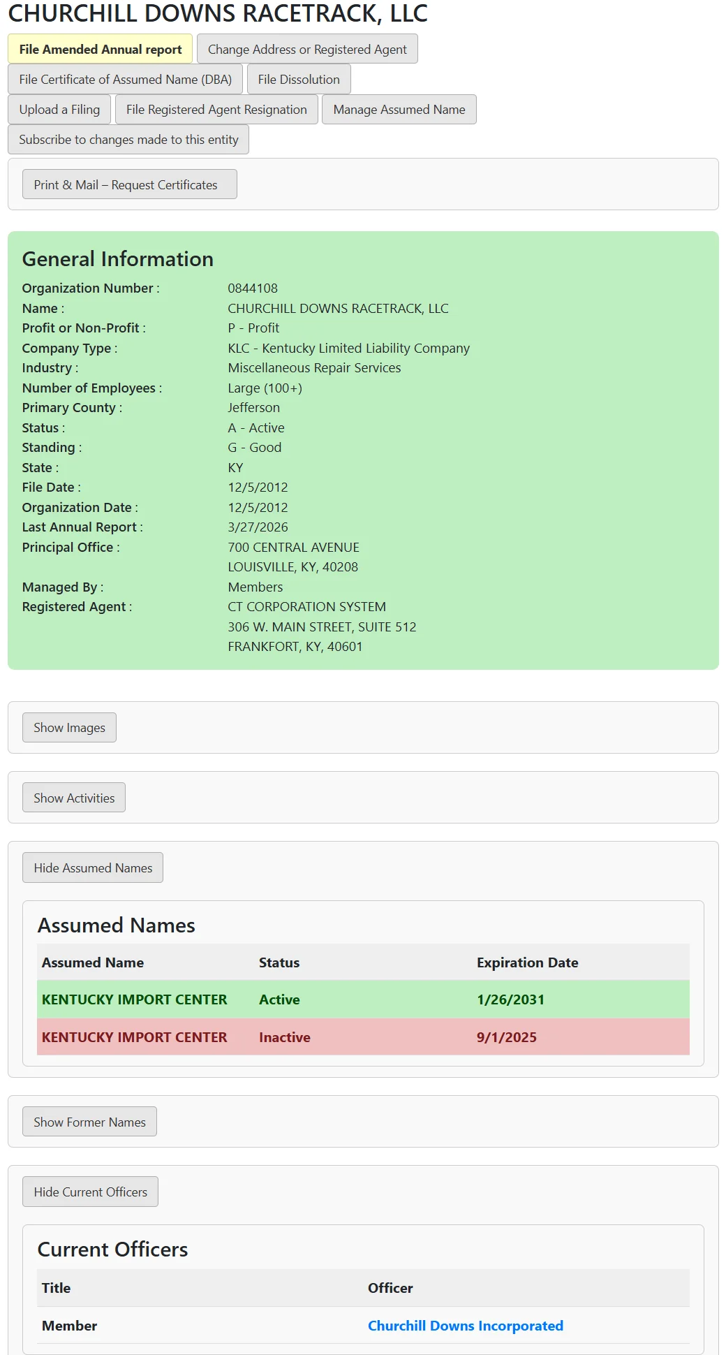 Kentucky Secretary of State record of Churchill Downs Racetrack, LLC with its organization number, status Active, standing Good, Managed By Members, the registered agent, an assumed name with its expiration date and the member listed under Current Officers