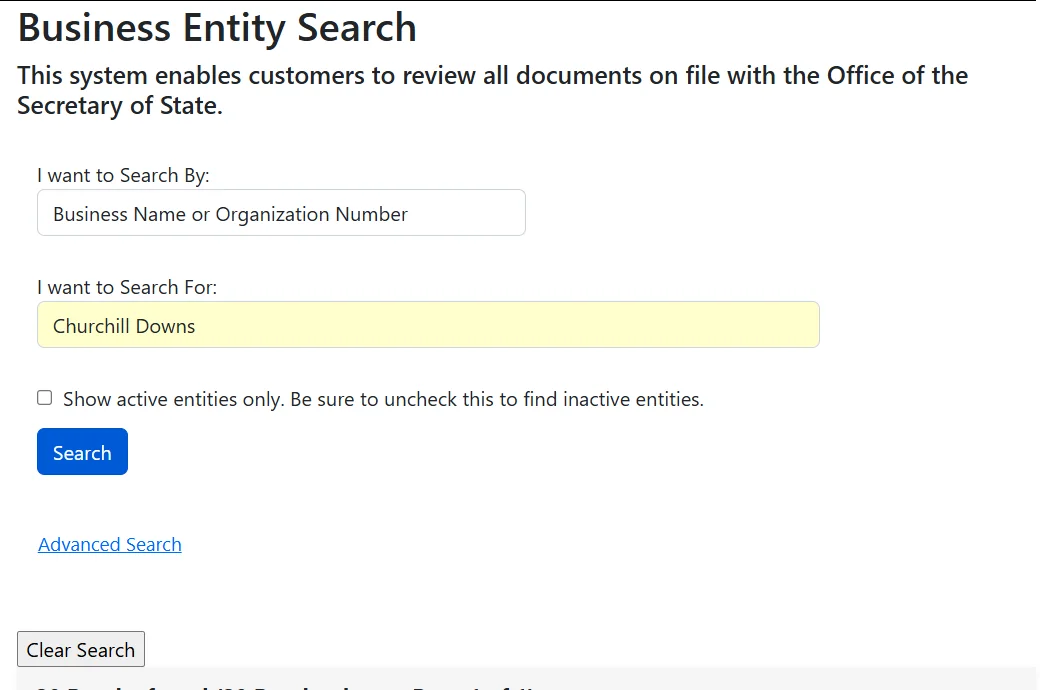 Kentucky Secretary of State Business Entity Search form with the Search By list set to Business Name or Organization Number, the name Churchill Downs typed in, and the Show active entities only box unchecked