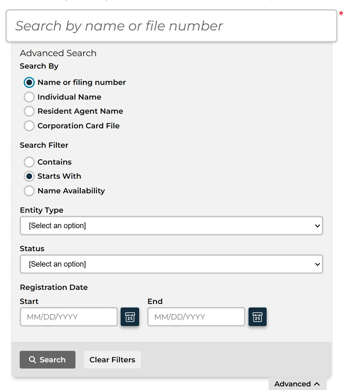 Michigan Business Entity Search on the LARA Registry 1 Michigan LARA Business Search with the Advanced options open: search by name or filing number, individual name, resident agent name or corporation card file, filters Contains, Starts With and Name Availability, entity type, status and registration date